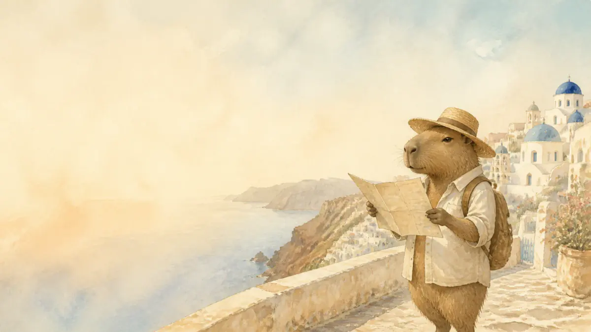 Watercolour illustration of a capybara traveller in a straw hat, reading a map on a clifftop above a whitewashed, blue-domed coastal village