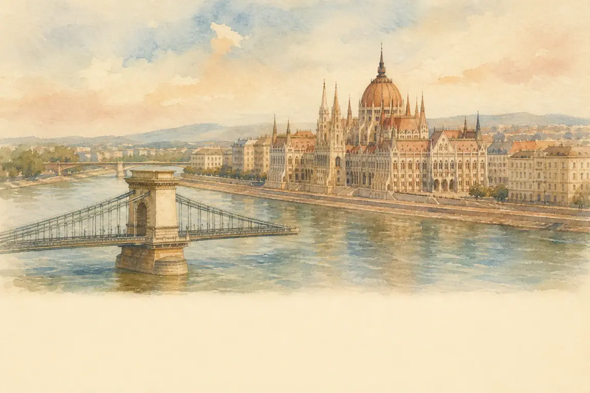 Watercolour illustration of Budapest