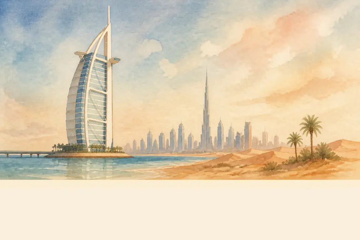 Watercolour illustration of Dubai
