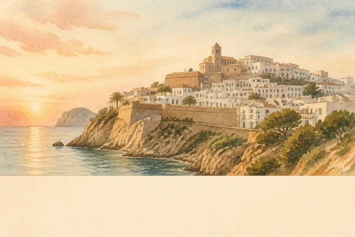 Watercolour illustration of Ibiza