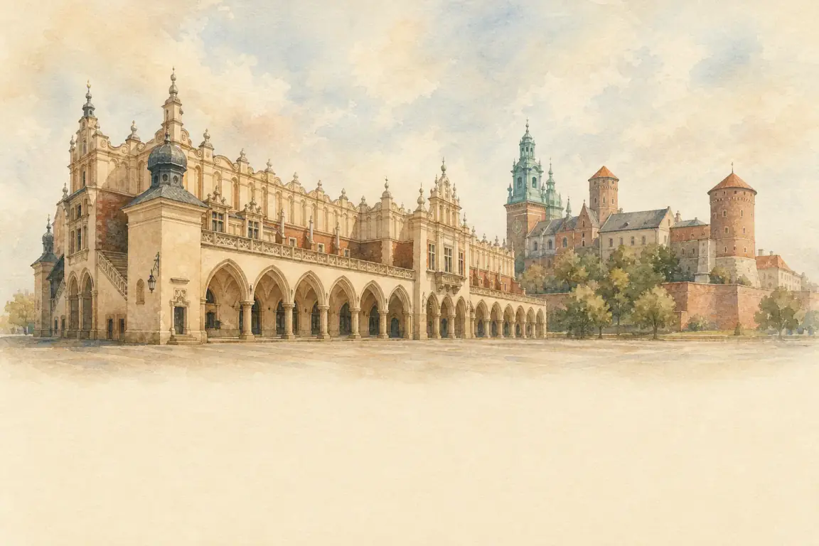 Watercolour illustration of Krakow