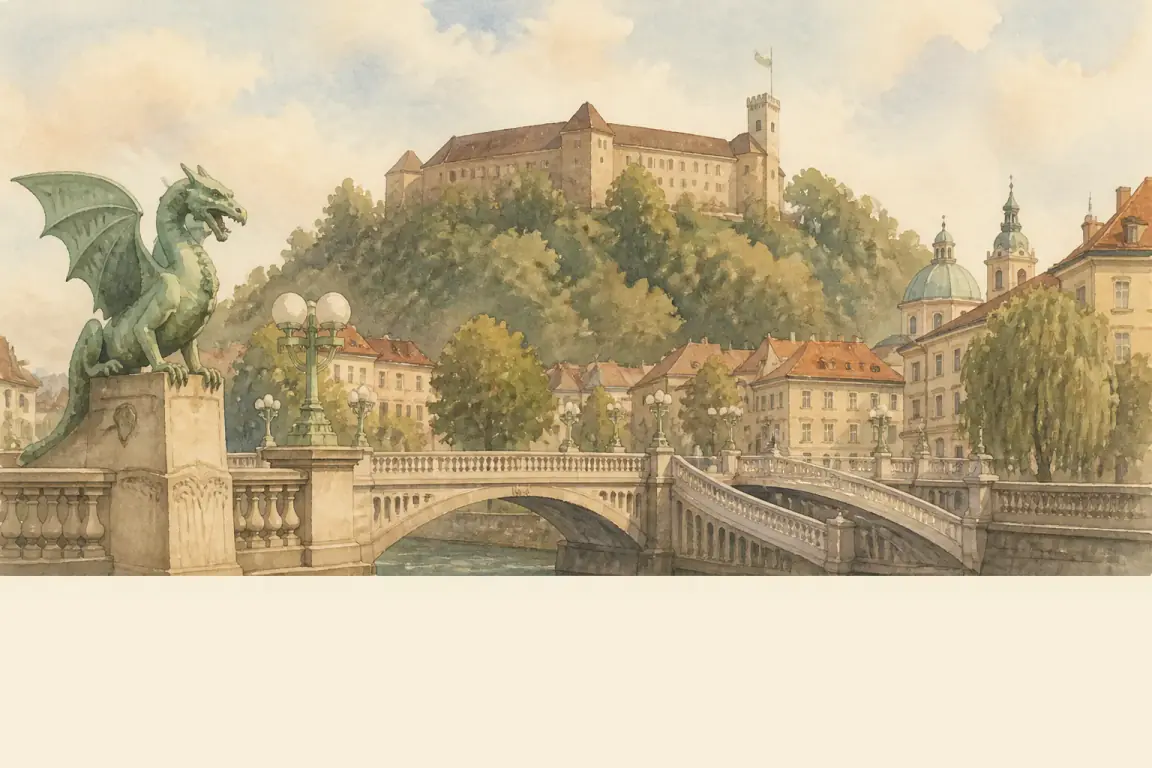 Watercolour illustration of Ljubljana