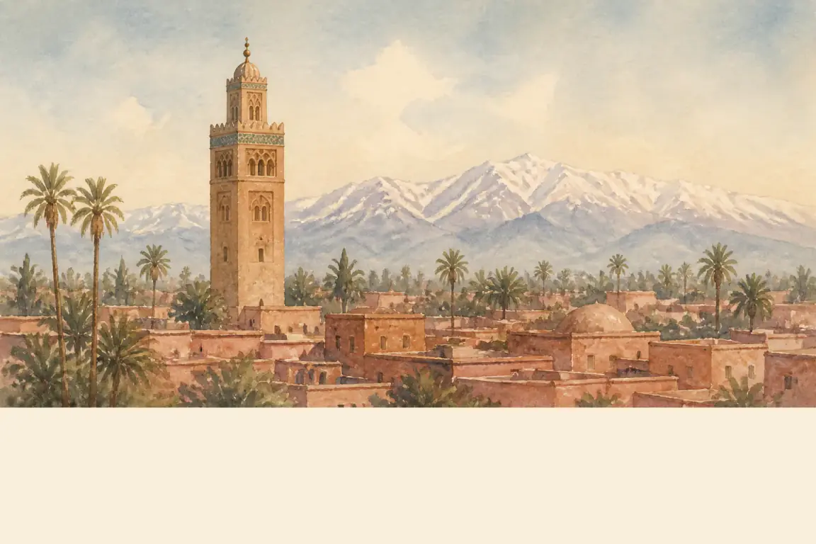 Watercolour illustration of Marrakech