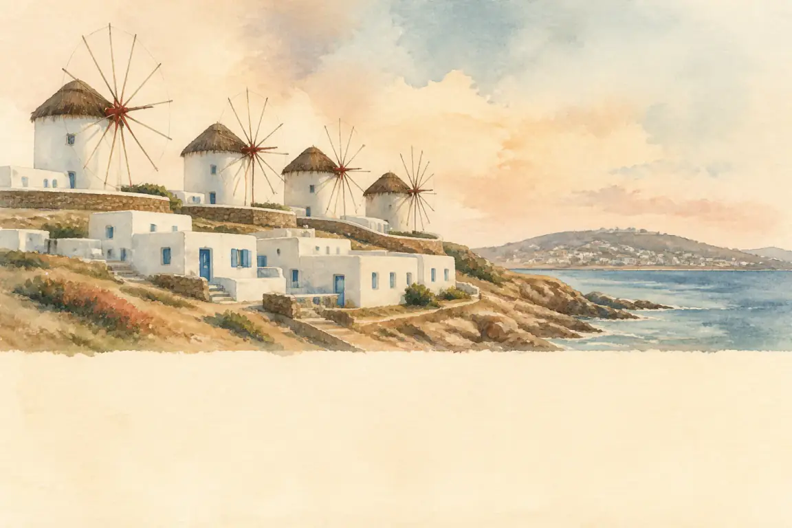 Watercolour illustration of Mykonos
