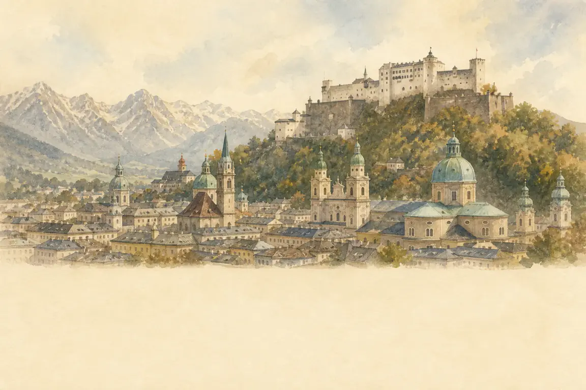 Watercolour illustration of Salzburg