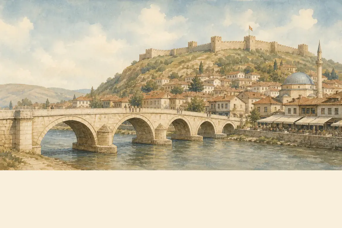 Watercolour illustration of Skopje