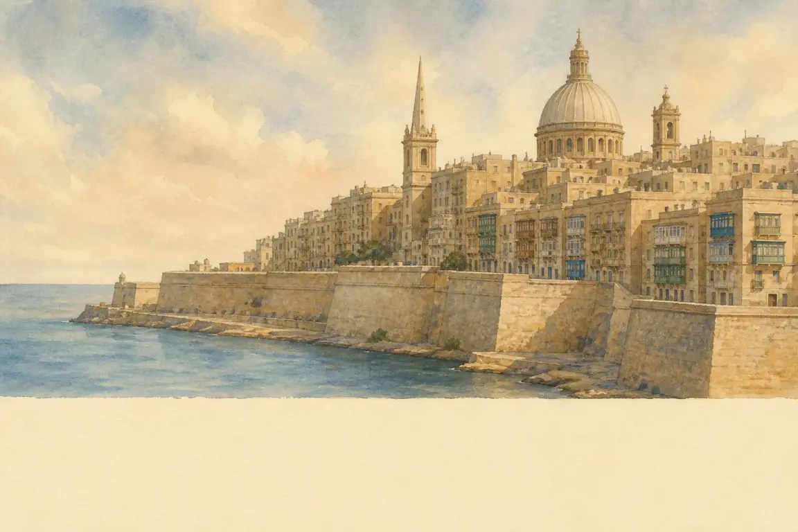 Watercolour illustration of Valletta