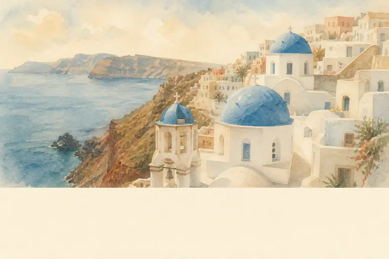 Watercolour illustration of Santorini