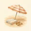 Watercolour illustration of a striped beach umbrella, a folded towel and sandals in the sand
