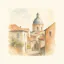 Watercolour illustration of a narrow European alley leading to a blue-domed church