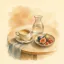 Watercolour illustration of a coffee, a carafe of water and a plate of figs and grapes on a café table