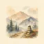 Watercolour illustration of a mountain trail through pine trees, past a stone cairn