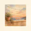 Watercolour illustration of string lights and two wine glasses on a terrace at sunset over the sea